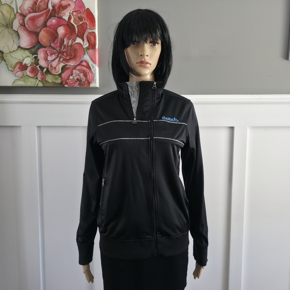 Bench Black Zip-Up Track Jacket Y2K Vibe Gingham Neck Detail,Size 13/14 Girl